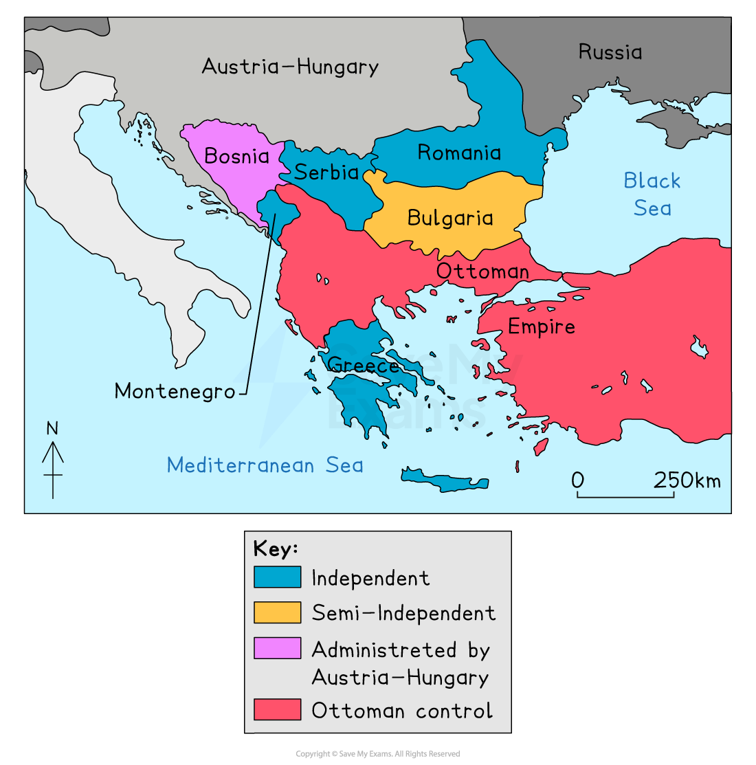 Map of the Balkans showing political control: independent, semi-independent, Ottoman, and Austria-Hungary administered regions, with a key and scale.