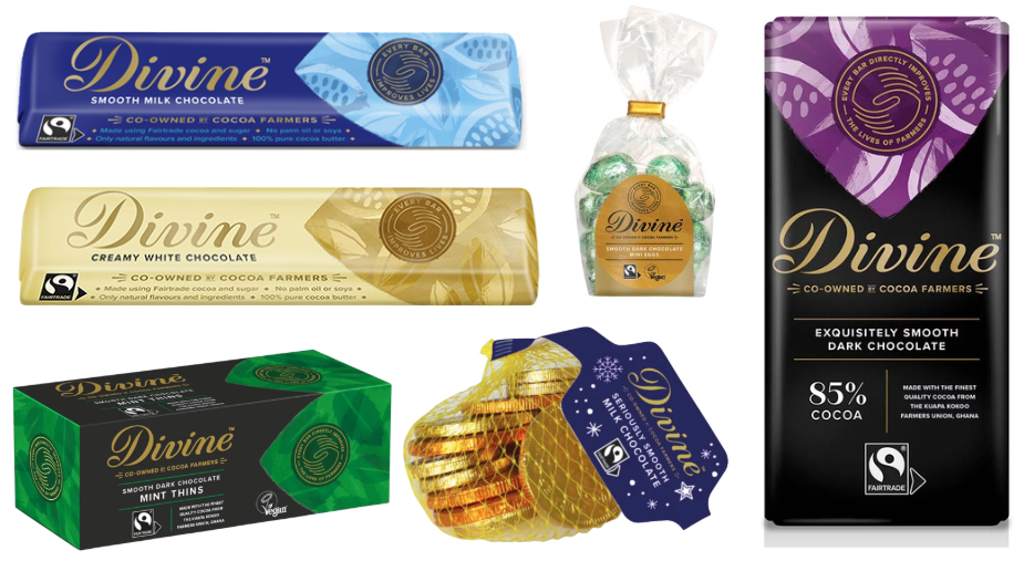 Various Divine chocolate products, including milk, white, and dark chocolate bars, mint thins, and chocolate coins in gold wrapping and net packaging.