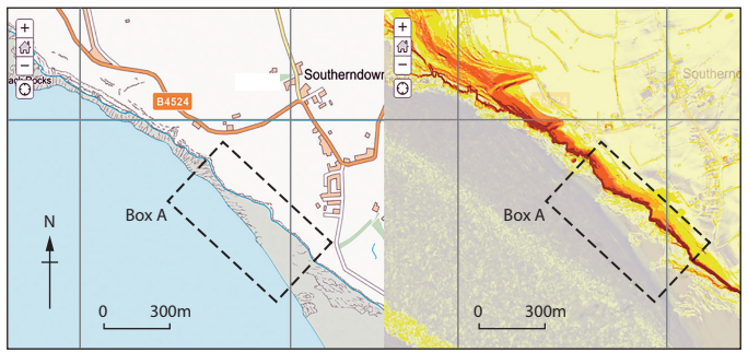 Split map showing Southerndown area; left side is a street map with the B4524 road, right side is a topographic elevation map. Both marked with "Box A".