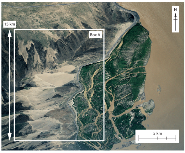 Satellite image showing a coastal area with sandy beaches and greenery. A white box indicates "Box A," with scale bars showing 15 km and 5 km distances.