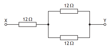 Circuit diagram with three 12-ohm resistors. One is in series with points X and Y, and the other two are in parallel between them.