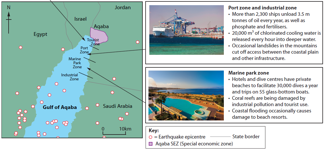 Map of the Gulf of Aqaba showing zones for tourism, port, marine park, and industry. Includes earthquake epicentres and images of a port and resort.