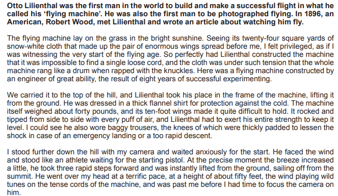 Text describes Otto Lilienthal, the first to fly a successful machine, witnessed by Robert Wood documenting the flight's technical details and challenges.