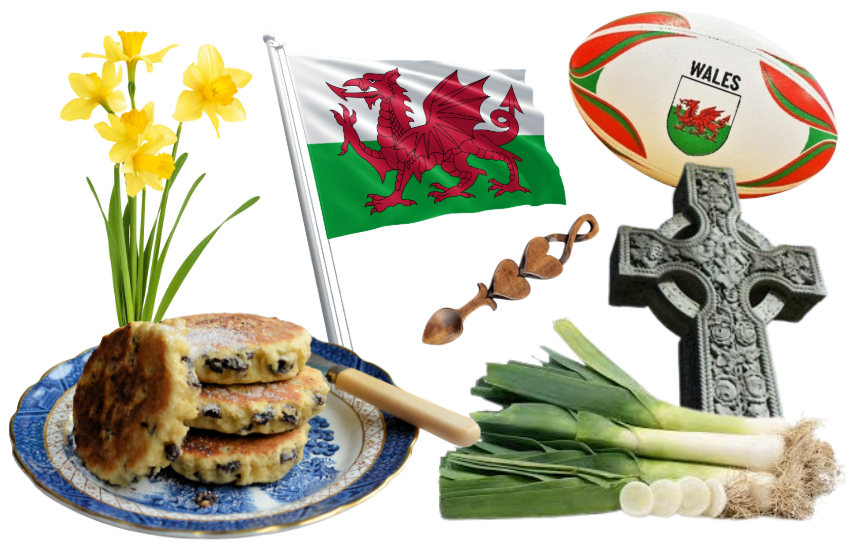 Welsh cultural symbols including a flag, rugby ball, daffodils, Welsh cakes, a lovespoon, a Celtic cross, and leeks on a white background.