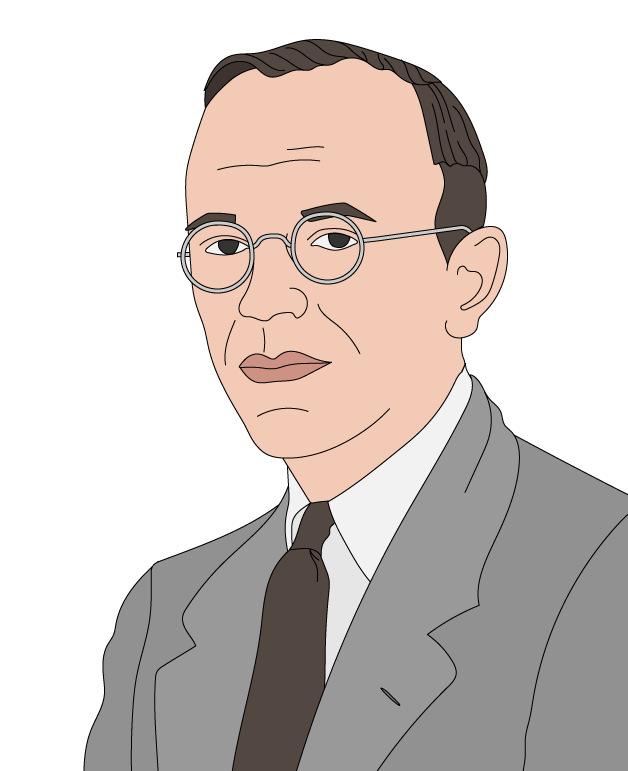 Illustrated portrait of a bespectacled man wearing a grey suit and tie, with short dark hair, looking slightly to the side against a white background.