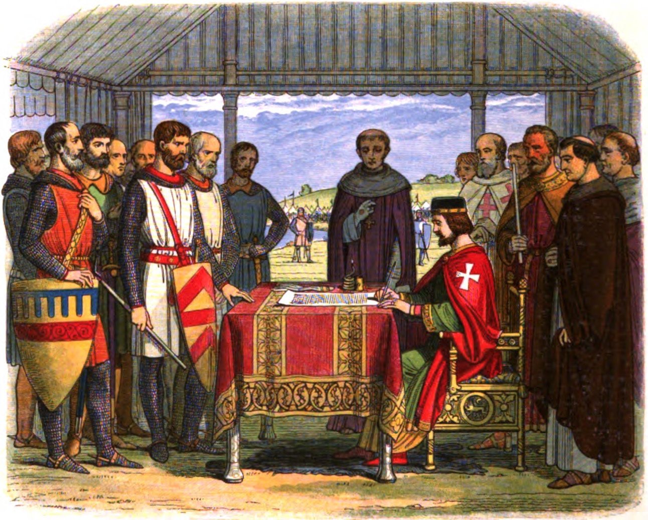 Medieval scene of nobles in armour and clergy witnessing a king signing a document in a tent, symbolising an important historical event.