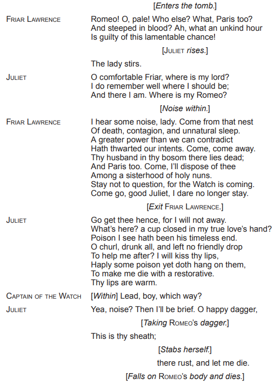 Scene from Shakespeare's "Romeo and Juliet" where Friar Lawrence and Juliet discover Romeo and Paris dead; Juliet then takes her life with a dagger.