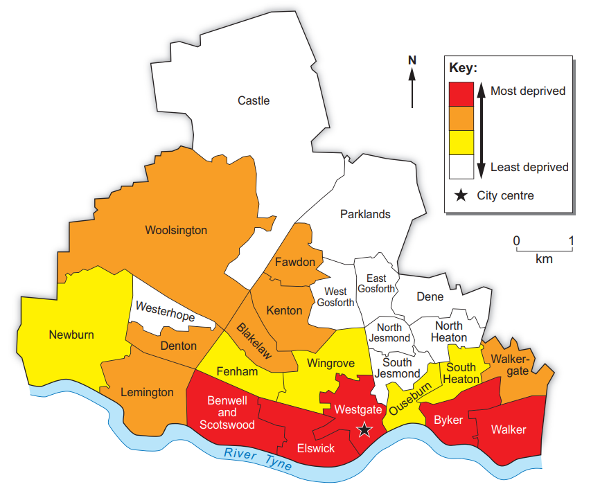 Map of Newcastle showing areas by deprivation level: red for most deprived, yellow for least deprived, with the city centre marked by a star.