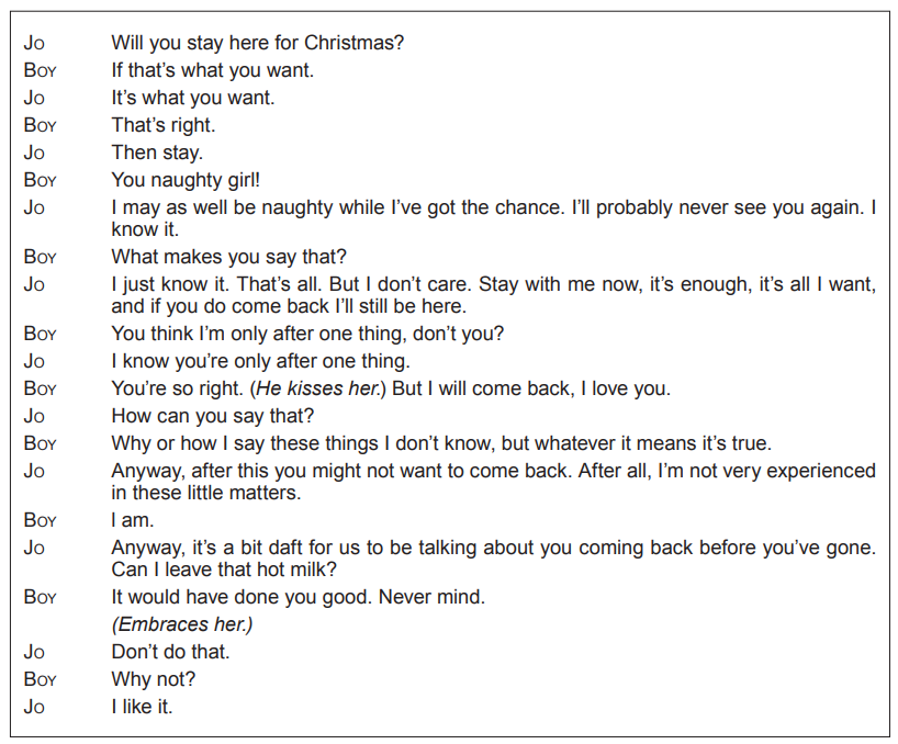 Dialogue between Jo and a boy discussing staying for Christmas, affection, and promises, with humorous and tender exchanges.