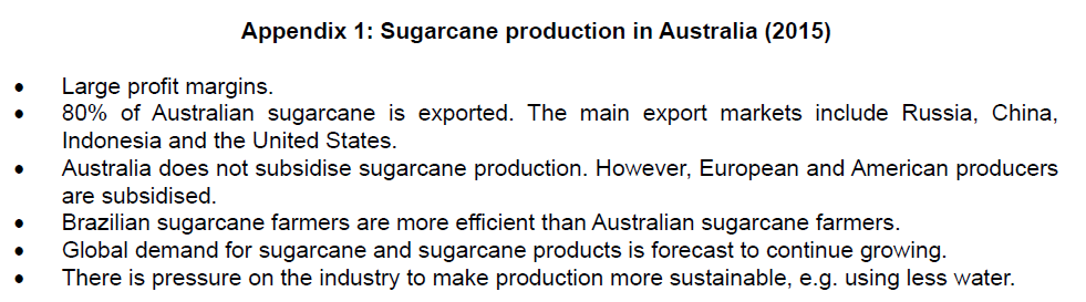 Appendix on Australian sugarcane production in 2015, highlighting exports, lack of subsidies, efficiency comparisons, demand growth, and sustainability pressures.