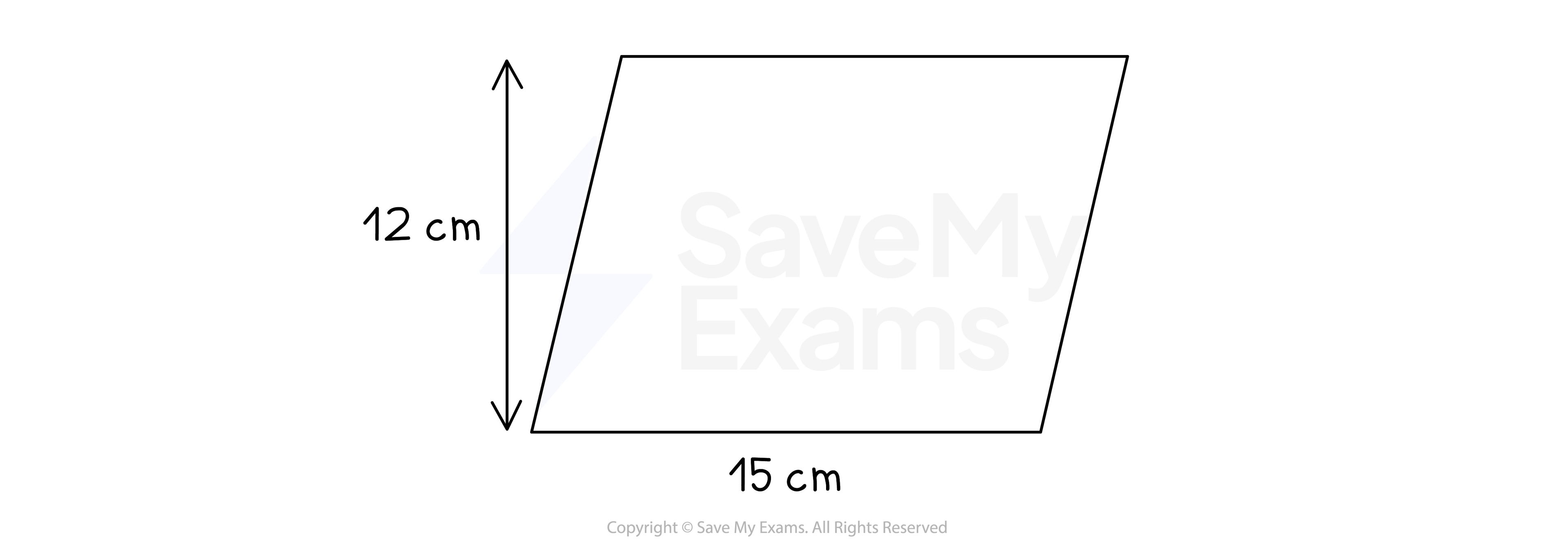 Parallelogram with base 15 cm and height 12 cm indicated, outlined on a white background, with arrows showing dimensions.