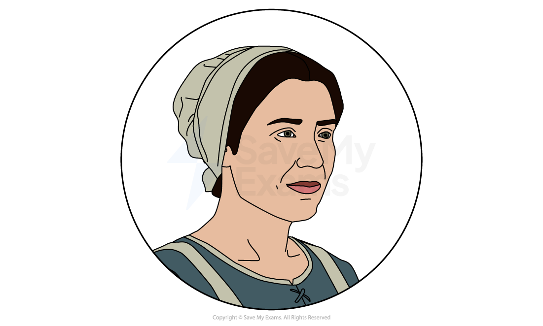 Image of Emilia from Othello: Illustration of a woman in historical attire, wearing a light-coloured bonnet and blue dress, set within a circular frame.