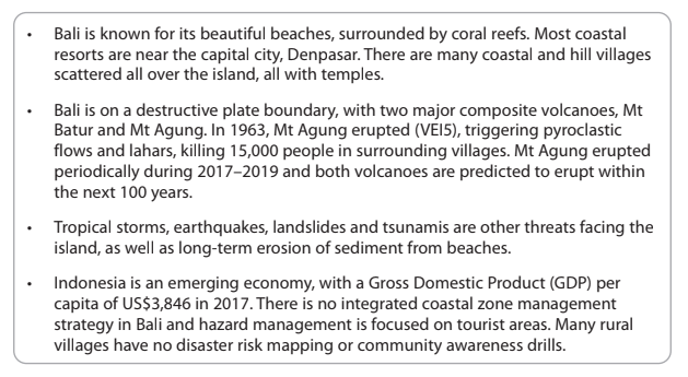 Text about Bali's tourism, volcanic activity, natural threats, and economic status. Highlights lack of disaster management in rural areas, focuses on tourist safety.
