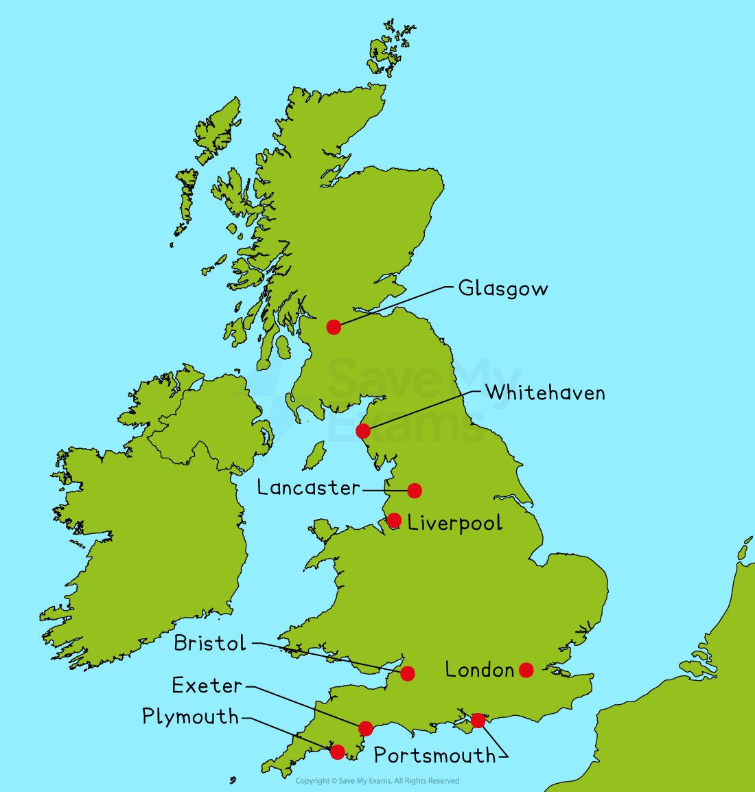 Map of the UK highlighting cities: Glasgow, Whitehaven, Lancaster, Liverpool, Bristol, Exeter, Plymouth, Portsmouth, and London with red dots.