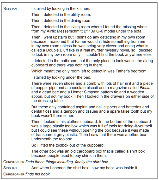 Text excerpt showing Siobhan and Christopher searching for a book. They check various rooms and items until Christopher finds the book in a shirt box.