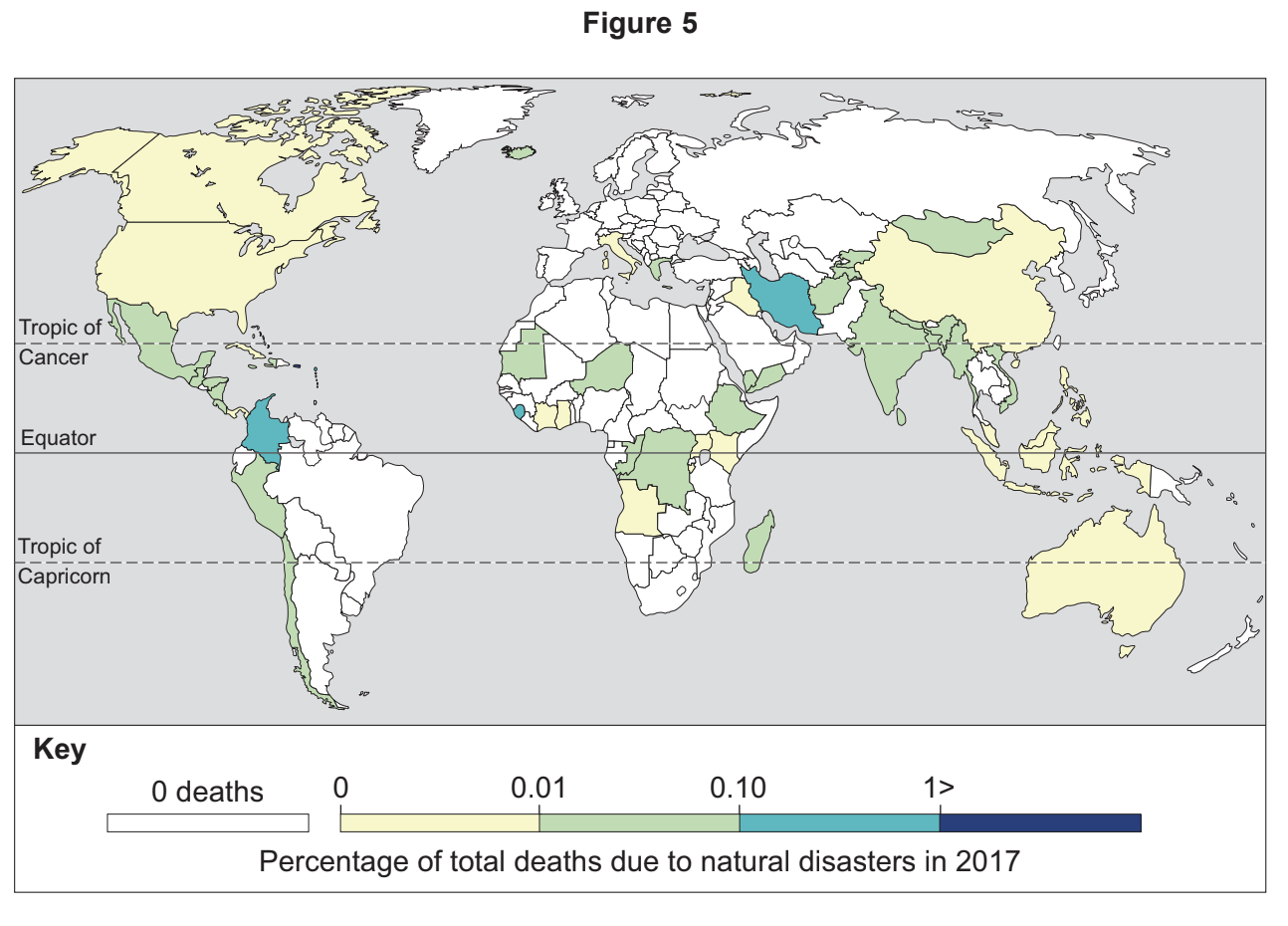 World map showing percentage of deaths due to natural disasters in 2017, with varying shades from white (0 deaths) to dark blue (over 1% deaths).