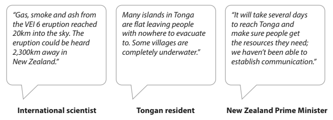Quotes about the Tonga eruption: an international scientist describes the eruption's impact; a Tongan resident notes villages underwater; NZ PM discusses aid delays.