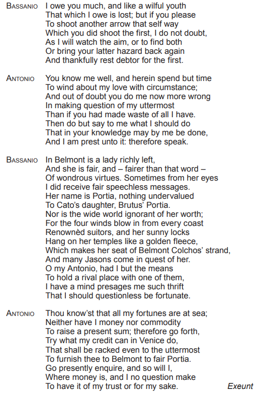 A dialogue excerpt from Shakespeare's "Merchant of Venice," featuring characters Bassanio and Antonio discussing love and financial arrangements.