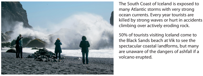 Three people stand on a black sand beach, watching large waves crash against rocks. Text highlights the coastal dangers in South Iceland.