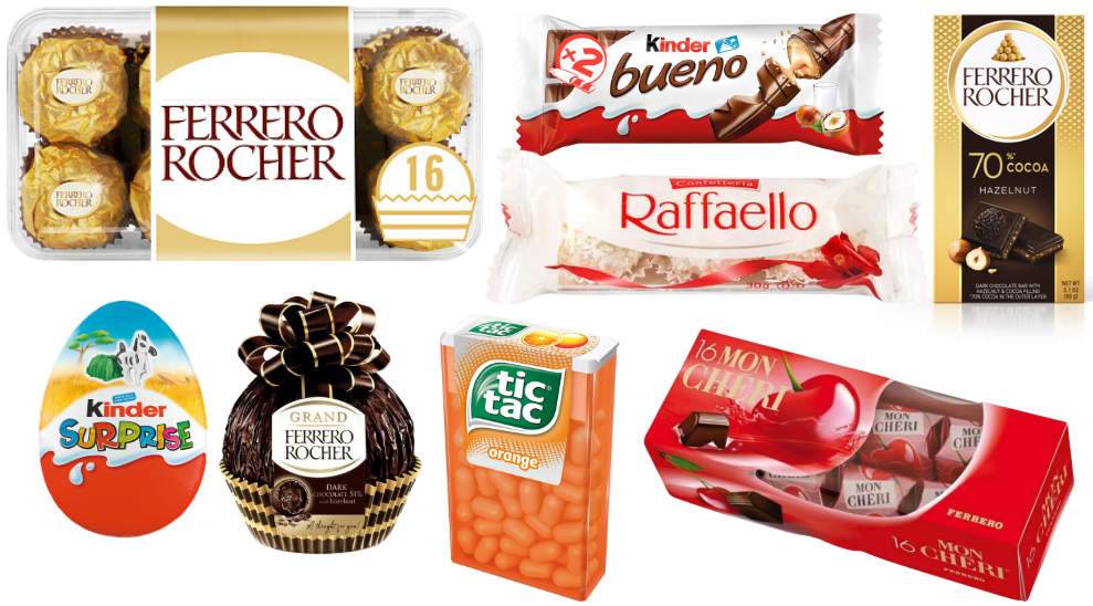 Assortment of Ferrero products including Ferrero Rocher, Kinder Bueno, Raffaello, Tic Tac, Mon Chéri, and Kinder Surprise in vibrant packaging.