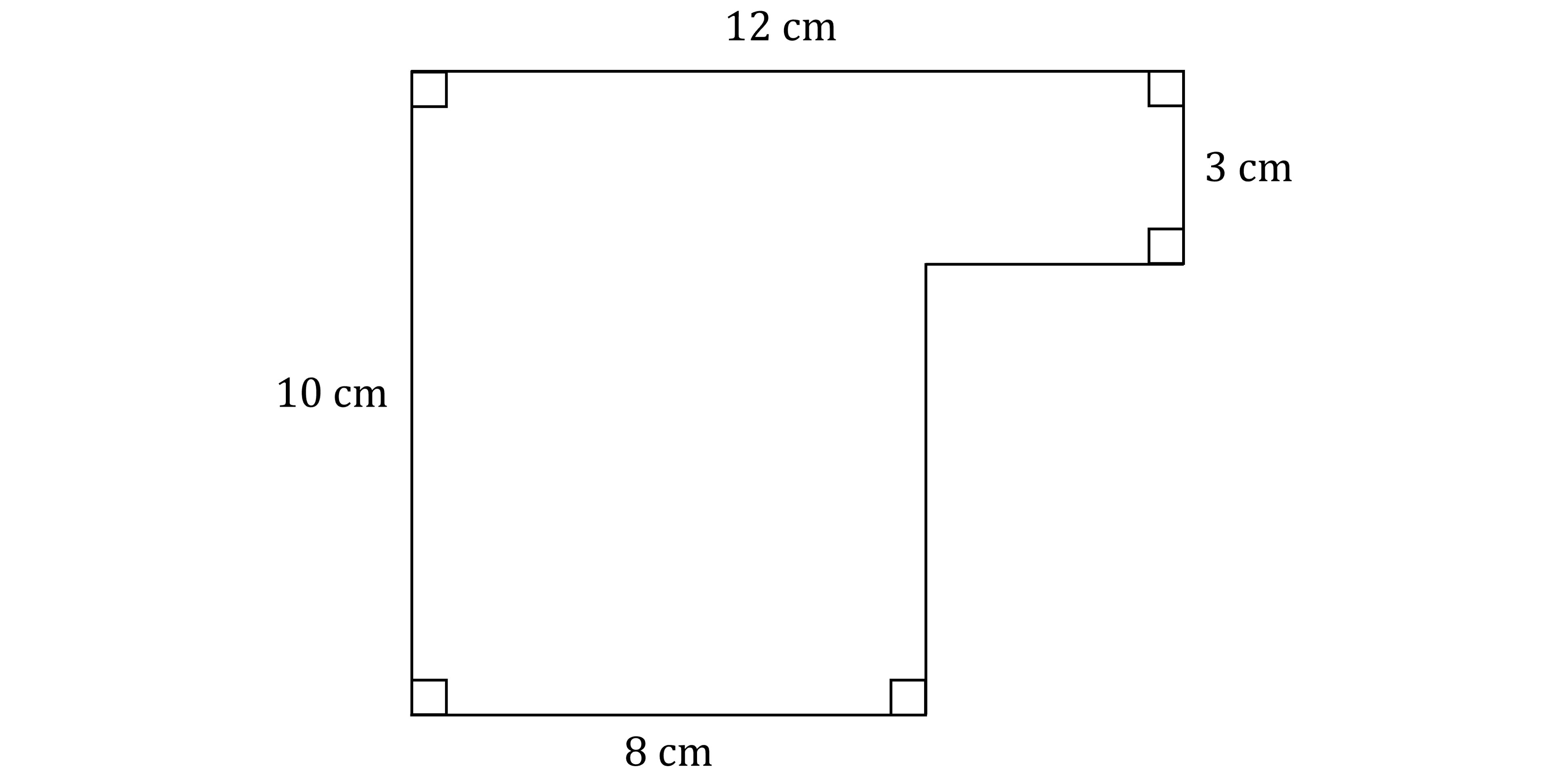 An L-shaped figure with a top side of 12 cm, left side of 10 cm, bottom side of 8 cm, and a right vertical section of 3 cm, featuring right angles.