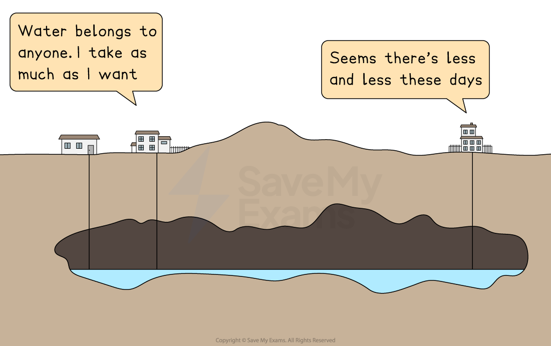 Cartoon illustrating the "tragedy of the commons" with people using a shared water source, leading to depletion. Text discusses self-interest vs. shared resources.