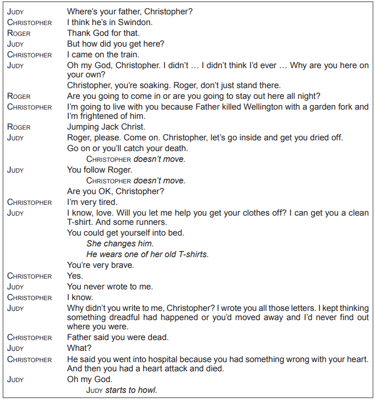 A script excerpt featuring a dialogue between Judy, Christopher, and Roger. Judy helps Christopher while discussing the father's false death claim.