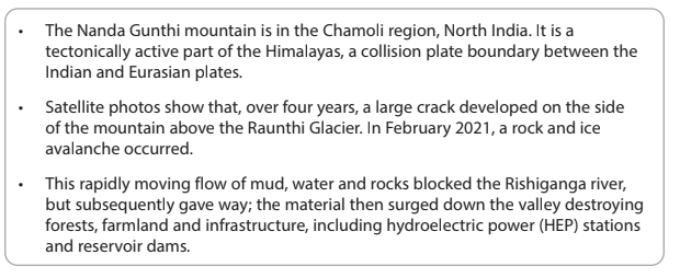 Bullet points detail Nanda Gunthi mountain's tectonic activity, a crack above Raunthi Glacier, and the 2021 avalanche affecting rivers and infrastructure.