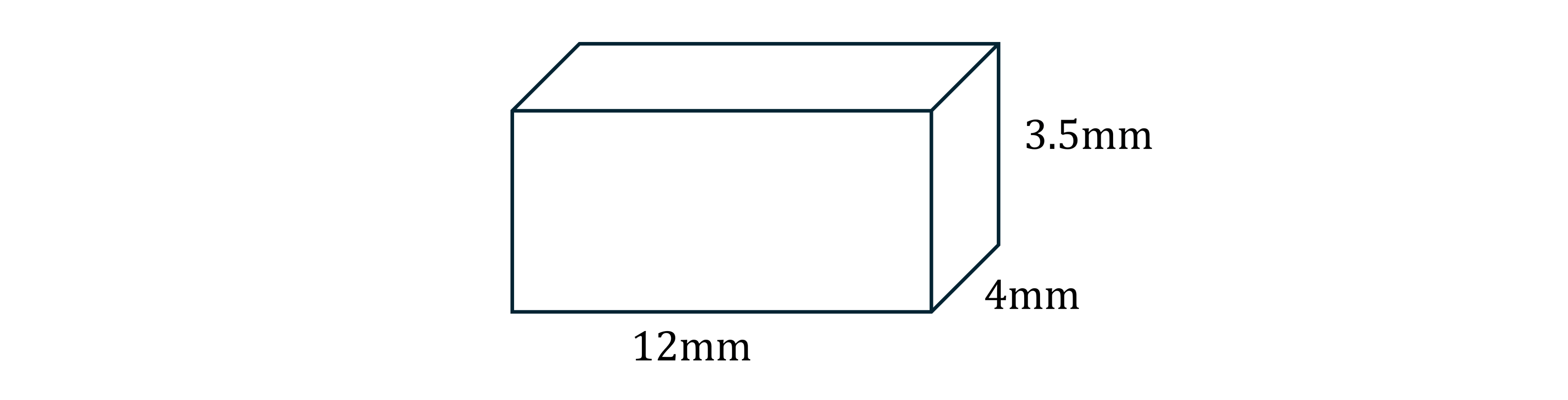 Rectangular prism labelled with dimensions: length 12mm, width 4mm, and height 3.5mm, showcasing the three-dimensional shape's proportions.