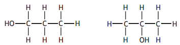 Two structural diagrams of propanol isomers: on the left, 1-propanol with the OH group on the first carbon; on the right, 2-propanol with the OH group on the second carbon.