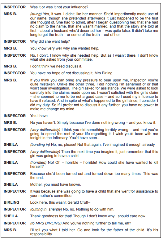 A dialogue from a play featuring an inspector questioning Mrs Birling about refusing help to a pregnant girl. Sheila and Birling interject, revealing tension.