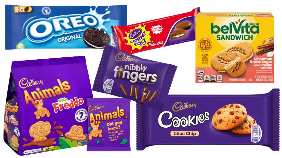 A collage of snack packaging including Oreo, Cadbury Creme Egg biscuits, belVita Sandwich, Cadbury Animals, Nibbly Fingers, and Choc Chip Cookies.