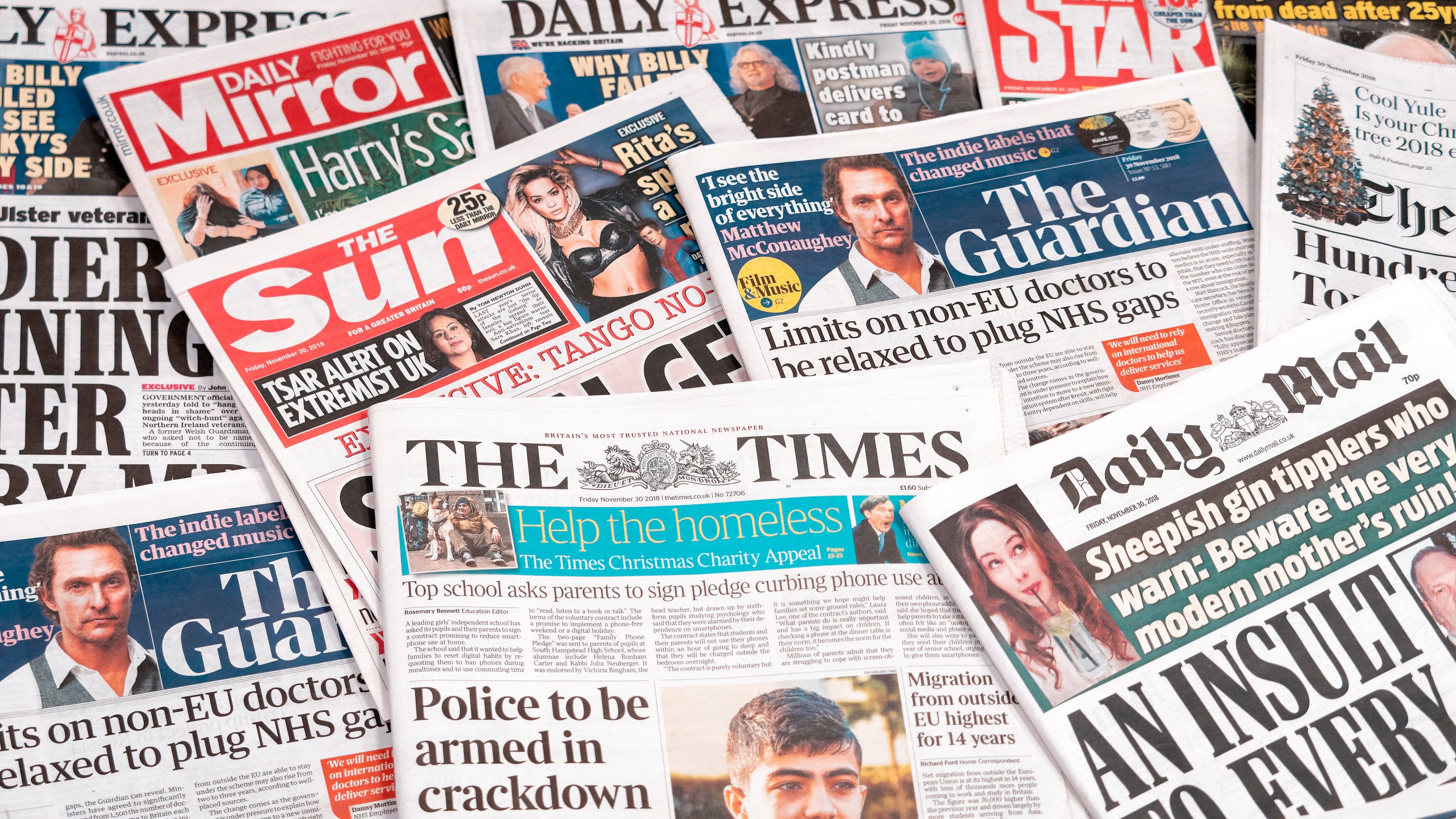 A range of UK newspapers, including The Times, Daily Mail, The Guardian, The Sun and The Mirror
