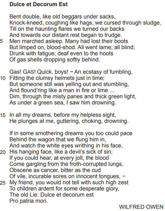 The image shows the World War I poem "Dulce et Decorum Est" by Wilfred Owen, addressing the horrors of war and condemning the notion of dying for one's country.