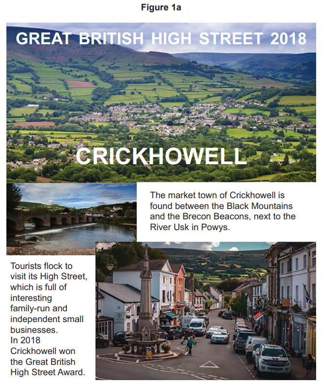 Aerial view of Crickhowell with surrounding hills. Text highlights the town's 2018 High Street award and its location near Black Mountains.