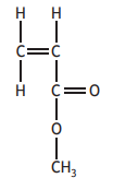 Chemical structure of vinyl acetate, showing a chain of carbon, hydrogen, and oxygen atoms with double bonds and a methyl group.