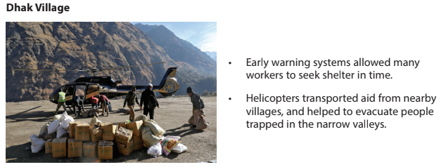 A helicopter lands in Dhak Village with aid supplies, surrounded by mountains, as people load boxes for evacuation and relief efforts.