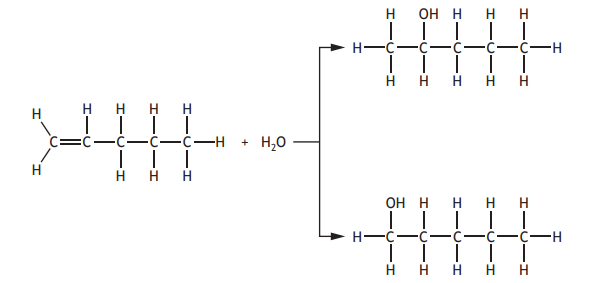 Chemical reaction showing hexane plus water, forming two potential alcohol products. One product has an OH group on the second carbon; the other on the first.