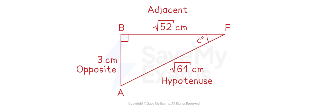 Triangle ABF with sides AB (opposite) = 3 cm, BF (adjacent) = √52 cm and AF (hypotenuse) = √61 cm.