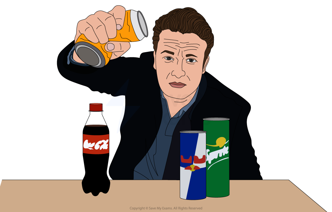 Illustration of a man in a suit pouring a drink from a can into a glass. Nearby are a Coke bottle, Red Bull can and Sprite can on the table.