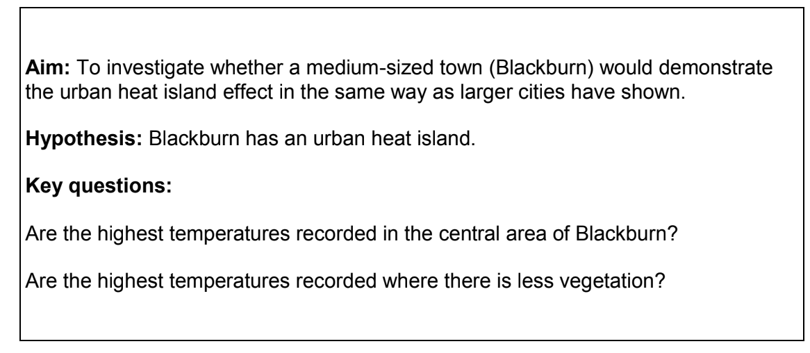 Text discussing the urban heat island effect in Blackburn, including aim, hypothesis, and key questions about temperature and vegetation areas.