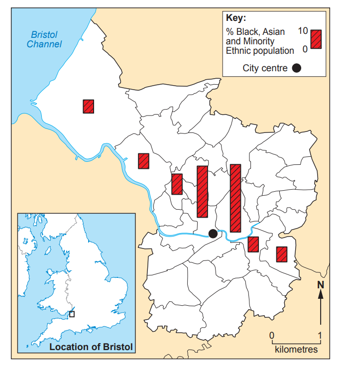 Map of Bristol showing areas with varying percentages of Black, Asian, and Minority Ethnic populations, city centre marked, inset shows UK location.