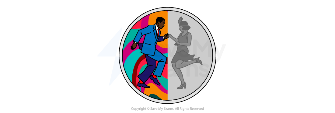 Symbol for Decline of the Harlem Renaissance: Retro-style dancers in a circle, with one in vibrant colours and the other in monochrome. The colourful background has swirling patterns.