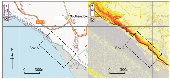 Map comparison of Southerndown coast with standard and topographic views. Both highlight Box A, scale bars, orientation, and main road B4524.