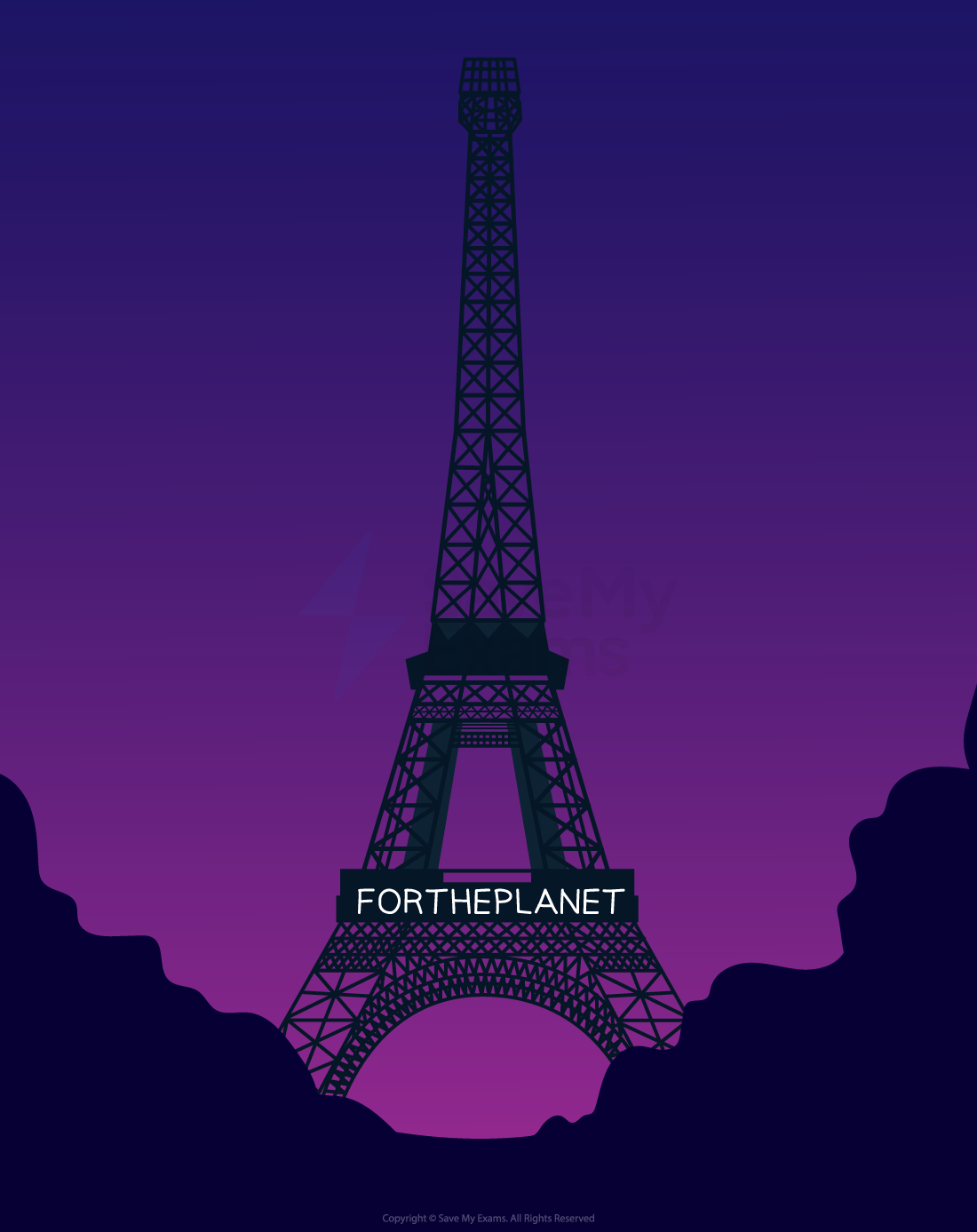 Illuminated Eiffel Tower at night with "FOR THE PLANET" message displayed, against a dark sky, highlighting the iconic structure's intricate latticework.