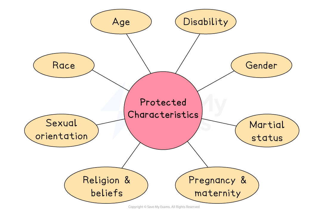 Diagram of protected characteristics including age, disability, gender, marital status, pregnancy, religion, sexual orientation, and race.