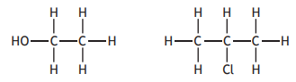Two chemical structures: the first is ethanol with hydroxyl, carbon, and hydrogen atoms; the second is 1,2-dichloroethane with chlorine and hydrogen atoms.