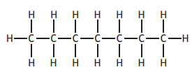 Structural formula of hexane, a straight-chain alkane with six carbon atoms and fourteen hydrogen atoms arranged in a single bond pattern.