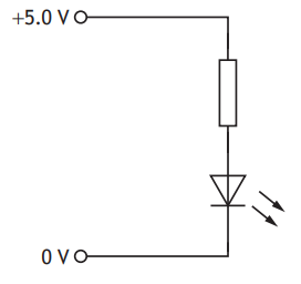 Circuit diagram showing a 5V power source connected to a resistor and an LED in series, leading to a ground labelled 0V.