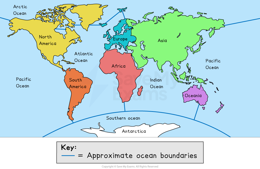 A map of the world showing the seven recognised continents and five recognised oceans